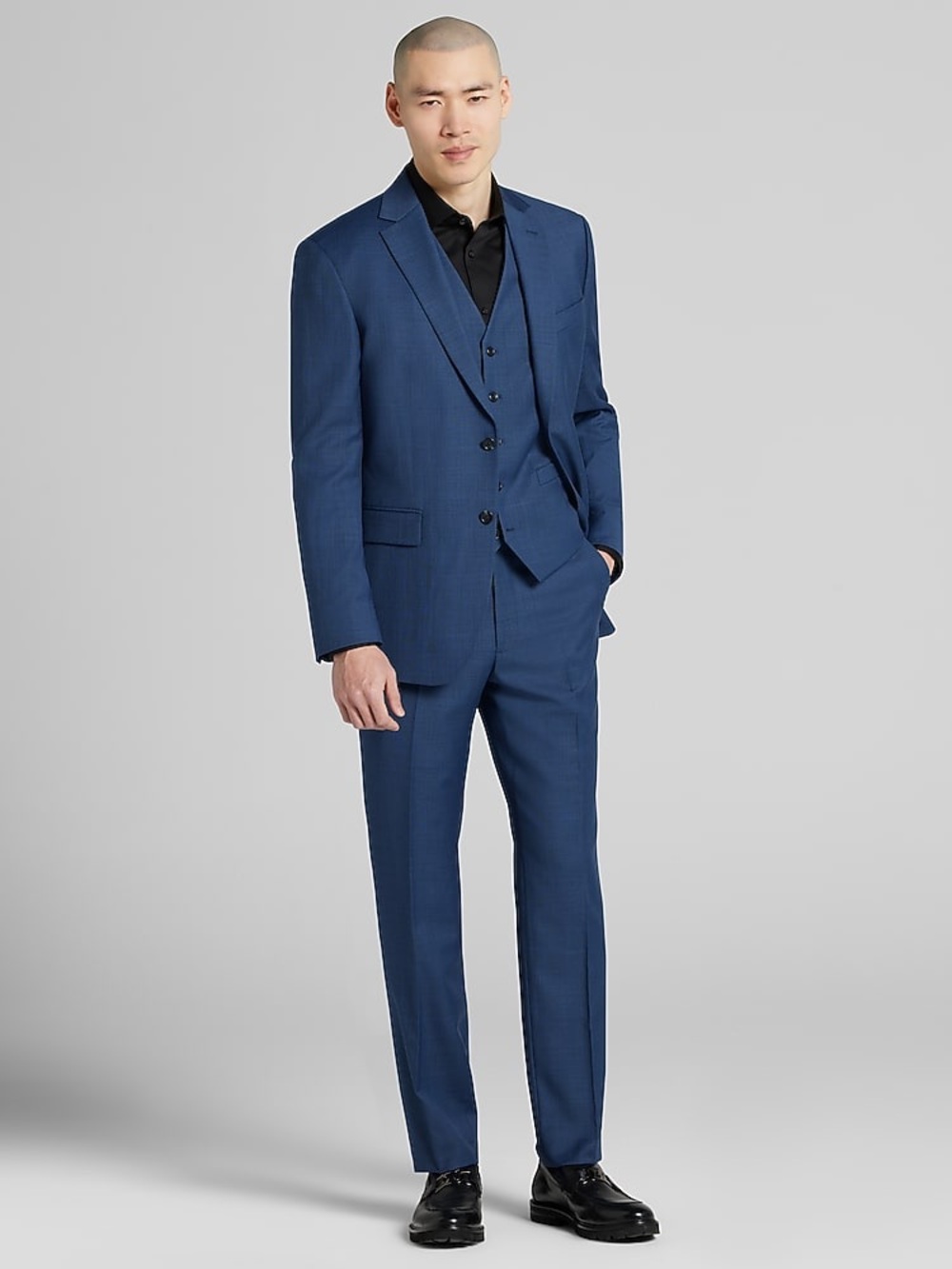 Pronto Uomo Platinum Suit Mens 50R 46x26 navy blue solid 100% Wool 2-Button 3-pc
